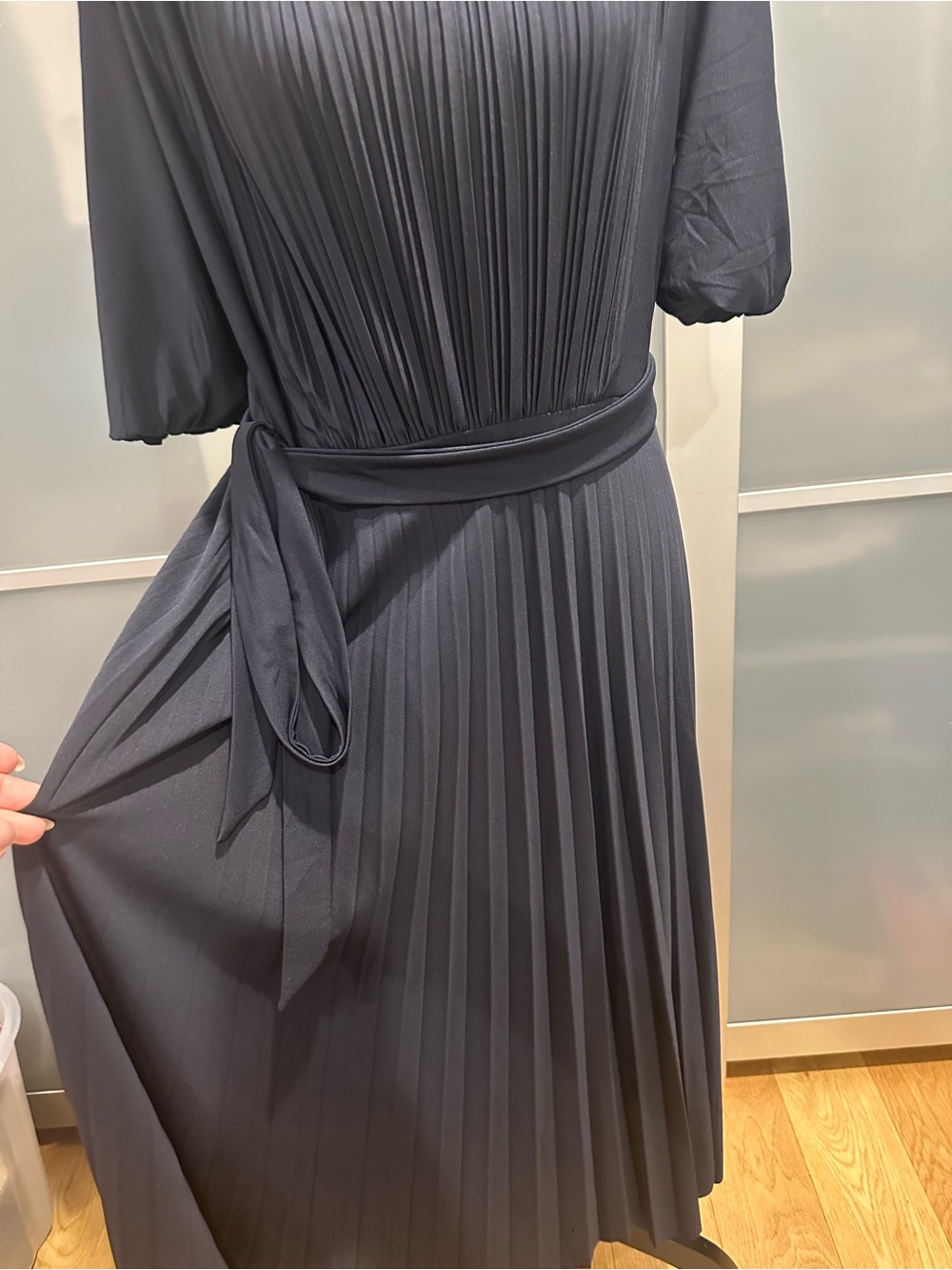 Sharagano Black Pleated Midi Dress with Tie Waist